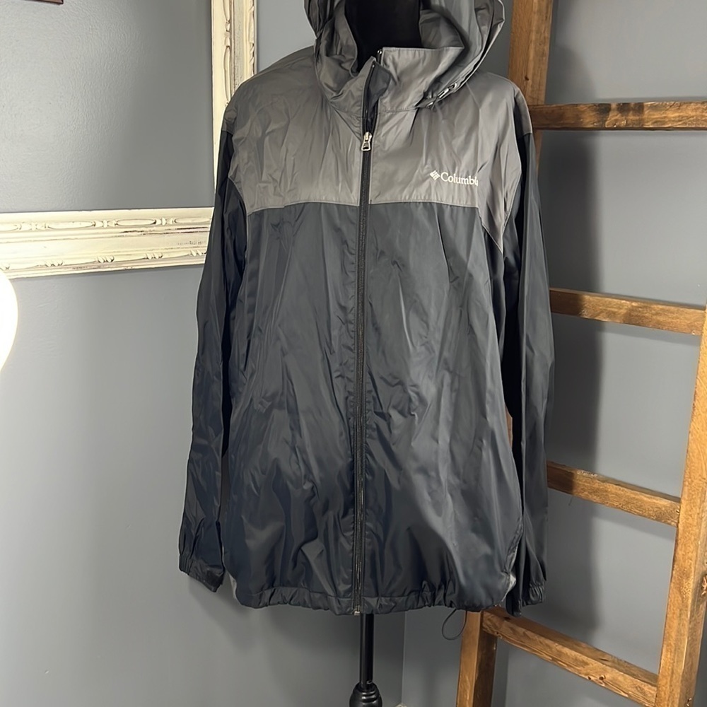 Columbia Mens 2X Windbreaker Jacket Blk/Gray Nylon Hooded Mesh Lining Activewear